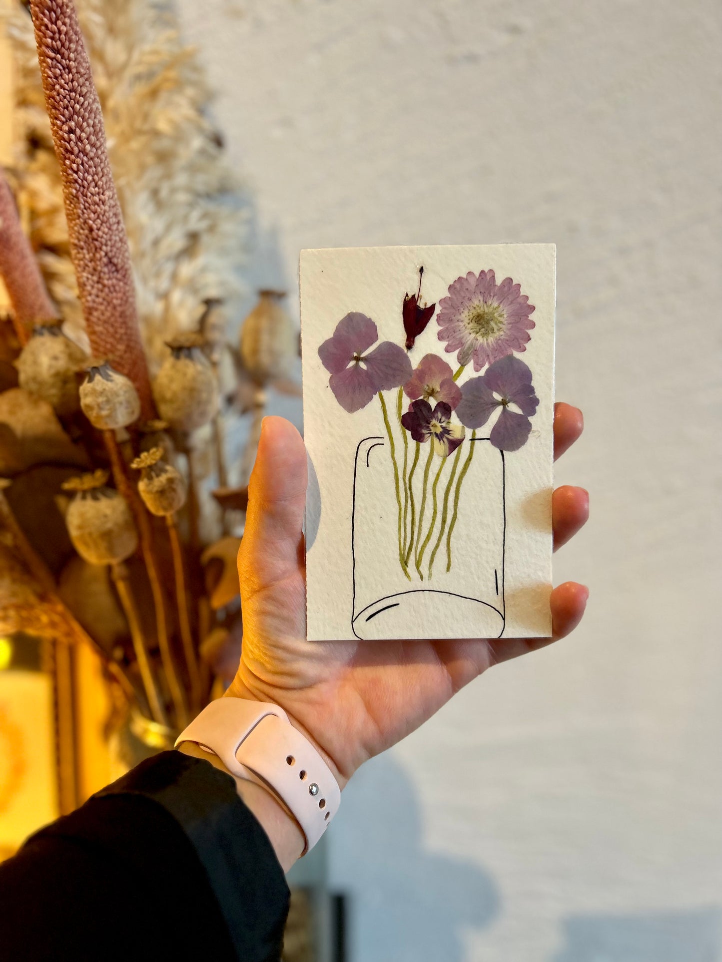 Carte aquarelle et fleurs séchées plastifiée